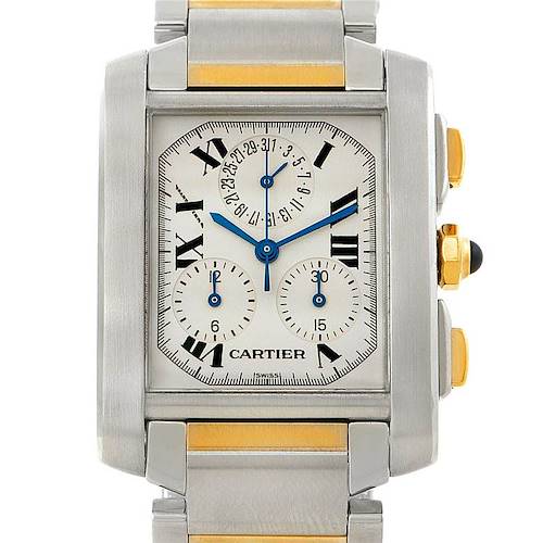 The image shows a frontal view of the Cartier Tank Française watch, highlighting the face, markers, hands, and part of the band.