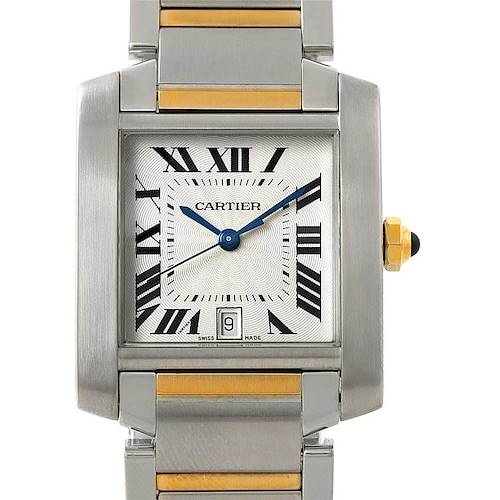 The image shows a front view of the Cartier Tank Francaise W51005Q4 Men's Steel and Gold (two tone) Silver Dial W51005Q4 Men's Steel and Gold (two tone) Silver Dial watch, highlighting its face, Roman numerals, blue hands, and stainless steel and gold bracelet.