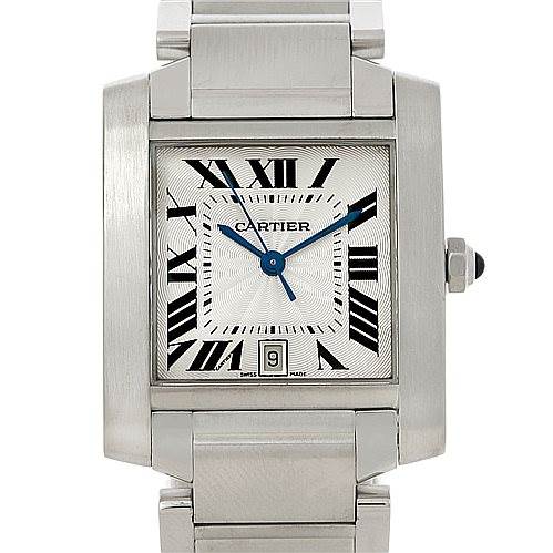 This image shows the Cartier Tank Francaise W51002Q3 Men's Stainless Steel Silver Dial W51002Q3 Men's Stainless Steel Silver Dial watch from a front angle, highlighting its square dial, blue hands, and Roman numeral hour markers.
