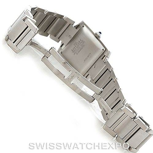 The image shows the back and bracelet of the Cartier Tank Francaise W51002Q3 Men's Stainless Steel Silver Dial W51002Q3 Men's Stainless Steel Silver Dial watch in a partially open position.