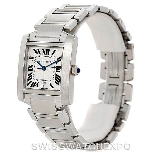 The Cartier Tank Francaise W51002Q3 Men's Stainless Steel Silver Dial W51002Q3 Men's Stainless Steel Silver Dial watch is shown from a front-left angle, highlighting its rectangular face and metal bracelet.