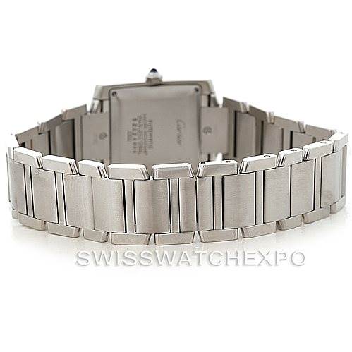 The image shows the back view of the bracelet and case of a Cartier Tank Francaise W51002Q3 Men's Stainless Steel Silver Dial W51002Q3 Men's Stainless Steel Silver Dial watch.