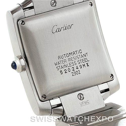 This image shows the back case of a Cartier Tank Francaise W51002Q3 Men's Stainless Steel Silver Dial W51002Q3 Men's Stainless Steel Silver Dial watch, displaying details such as the model number and water resistance.