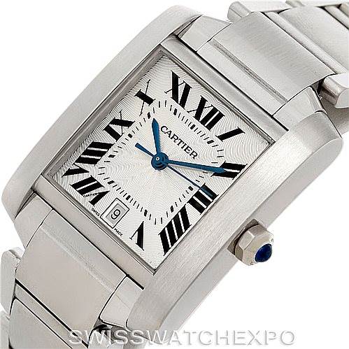 The image shows a close-up, angled view of a Cartier Tank Francaise W51002Q3 Men's Stainless Steel Silver Dial W51002Q3 Men's Stainless Steel Silver Dial watch face and strap.