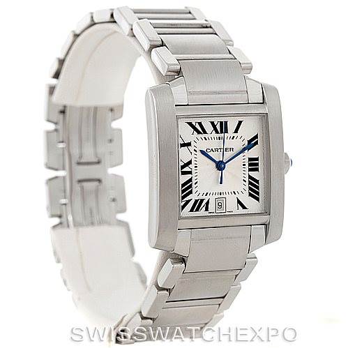 The image shows a front-side angle of a Cartier Tank Francaise W51002Q3 Men's Stainless Steel Silver Dial W51002Q3 Men's Stainless Steel Silver Dial watch, highlighting its rectangular face, Roman numeral dial, and metal bracelet.