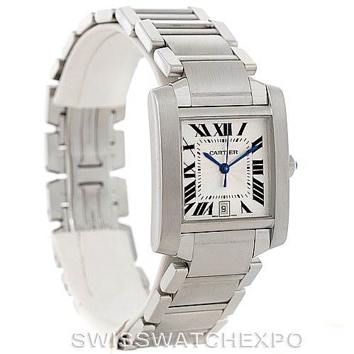 The image shows a front-side angle of a Cartier Tank Francaise W51002Q3 Men's Stainless Steel Silver Dial W51002Q3 Men's Stainless Steel Silver Dial watch, highlighting its rectangular face, Roman numeral dial, and metal bracelet.