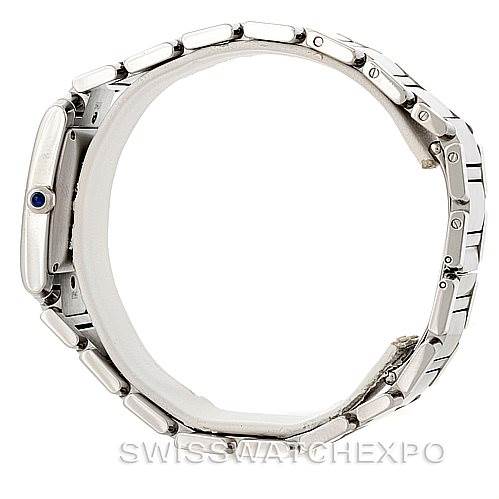 The image shows a side profile view of a Cartier Tank Francaise W51002Q3 Men's Stainless Steel Silver Dial W51002Q3 Men's Stainless Steel Silver Dial watch, highlighting its bracelet and case.