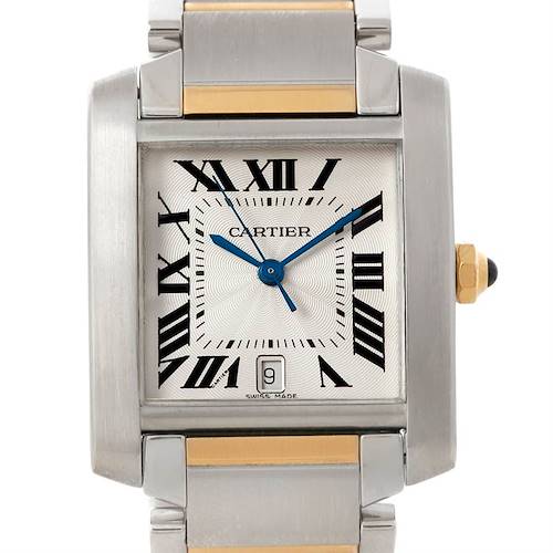 The image shows a front view of a Cartier Tank Francaise W51005Q4 Men's Steel and Gold (two tone) Silver Dial W51005Q4 Men's Steel and Gold (two tone) Silver Dial watch, highlighting the dial, hands, bezel, and part of the bracelet.