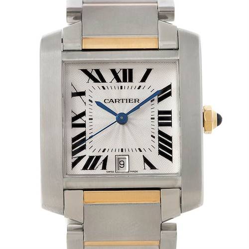 The Cartier Tank Française watch is shown from a front angle highlighting the face, hands, bracelet, and date window.