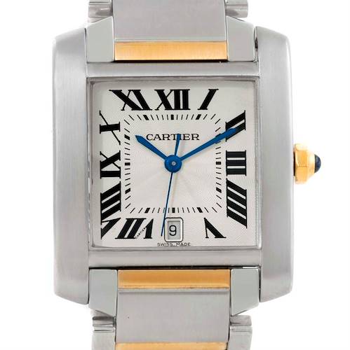 The image shows a frontal close-up of a Cartier Tank Française watch, highlighting the face, Roman numerals, hands, and part of the bracelet.