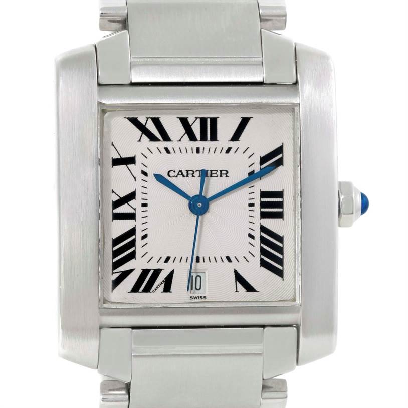 This image shows a close-up of the Cartier Tank Francaise W51002Q3 Men's Stainless Steel Silver Dial W51002Q3 Men's Stainless Steel Silver Dial watch face, highlighting its Roman numerals, blue hands, and metal bracelet.