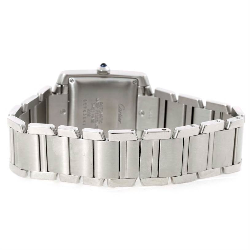 The image shows the back view of a Cartier Tank Francaise W51002Q3 Men's Stainless Steel Silver Dial W51002Q3 Men's Stainless Steel Silver Dial watch, focusing on the bracelet and case back.