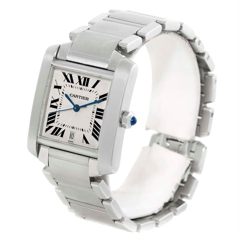 The Cartier Tank Francaise W51002Q3 Men's Stainless Steel Silver Dial W51002Q3 Men's Stainless Steel Silver Dial watch is shown at a three-quarter angle, highlighting its rectangular case, bracelet, and Roman numeral dial.