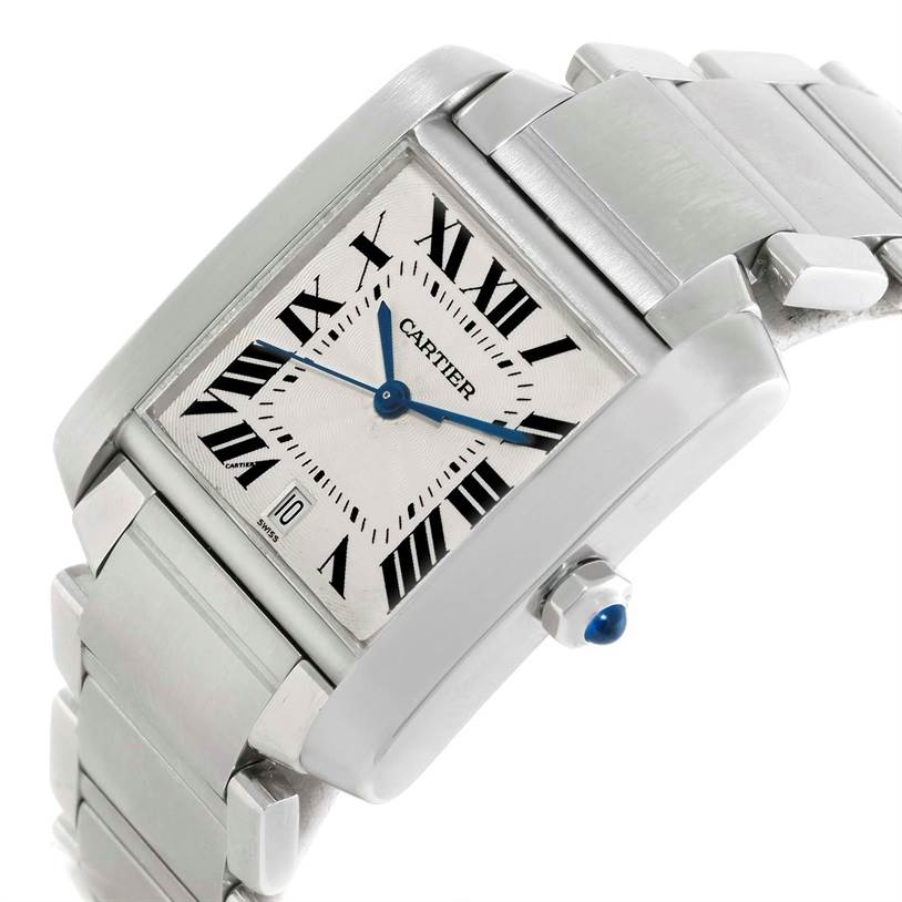 The image shows the Cartier Tank Française watch at an angled view, highlighting its face, bracelet, and crown.
