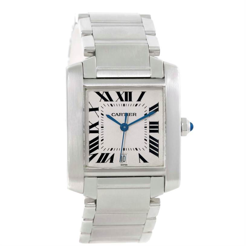 The image shows a front view of a Cartier Tank Francaise W51002Q3 Men's Stainless Steel Silver Dial W51002Q3 Men's Stainless Steel Silver Dial watch, displaying its face, bezel, and bracelet.