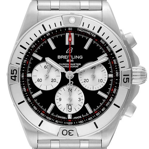 The image shows a frontal view of a Breitling Chronomat AB0134 Men's Stainless Steel Black Dial AB0134 Men's Stainless Steel Black Dial watch, displaying its black dial, subdials, and stainless steel bezel and bracelet.