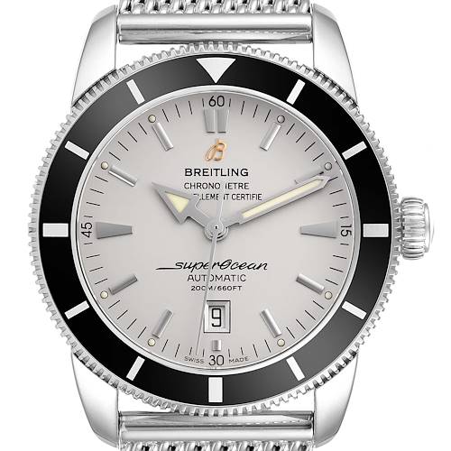 The image shows a Breitling Superocean A1732024/G642 Men's Stainless Steel Silver Dial A1732024/G642 Men's Stainless Steel Silver Dial watch face-on, displaying the dial, bezel, hands, date, and part of the bracelet.