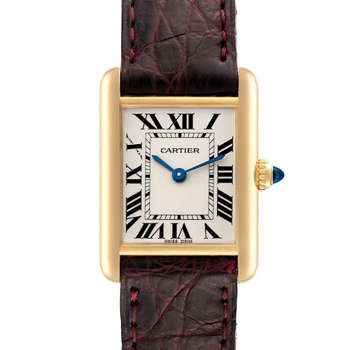 The image shows a front view of a Cartier Tank Louis W1529856 Women's Yellow Gold Silver Dial W1529856 Women's Yellow Gold Silver Dial watch, displaying its dial, Roman numerals, hands, and part of the strap.