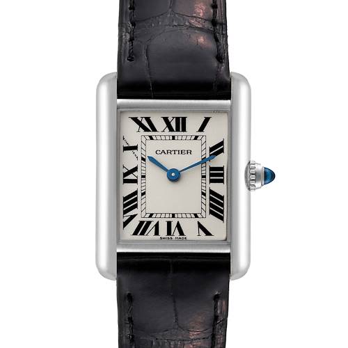 The image shows a frontal view of a Cartier Tank Louis W1541056 Women's White Gold Silver Dial W1541056 Women's White Gold Silver Dial watch, showcasing its rectangular dial, Roman numerals, and black leather strap.