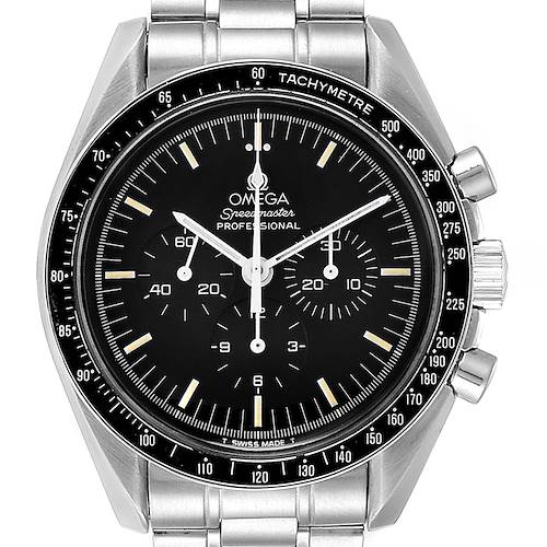 The image shows a frontal view of an Omega Speedmaster 3590.50.00 Men's Stainless Steel Black Dial 3590.50.00 Men's Stainless Steel Black Dial watch, highlighting the dial, bezel, pushers, and part of the bracelet.