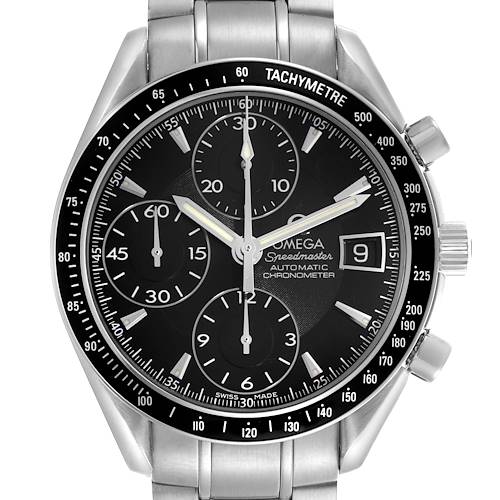 The Omega Speedmaster 3210.50.00 Men's Stainless Steel Black Dial 3210.50.00 Men's Stainless Steel Black Dial watch is shown from the front, displaying the dial, tachymeter bezel, sub-dials, and date window.