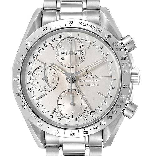 The image shows a front view of the Omega Speedmaster 3521.30.00 Men's Stainless Steel Silver Dial 3521.30.00 Men's Stainless Steel Silver Dial watch, highlighting its face, dials, and stainless steel band.