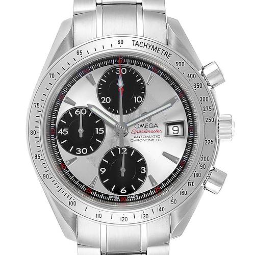 The Omega Speedmaster 3211.31.00 Men's Stainless Steel Silver Dial 3211.31.00 Men's Stainless Steel Silver Dial watch is shown from a front angle, highlighting its dial, subdials, tachymeter, and metal bracelet.
