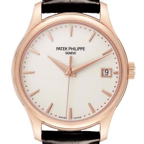 The Patek Philippe Calatrava 5227R-001 Men's Rose Gold White Dial 5227R-001 Men's Rose Gold White Dial watch is shown from a front-facing angle, highlighting the dial, hands, crown, and part of the strap.