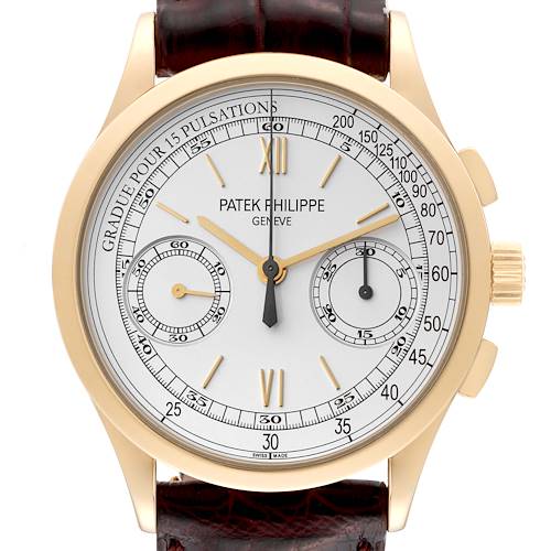 This image shows a front view of the Patek Philippe Complications 5170J Men's Yellow Gold Silver Dial 5170J Men's Yellow Gold Silver Dial model watch, highlighting its dial, hands, and case.