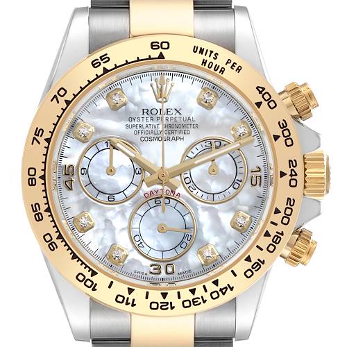 The image shows a frontal view of the Rolex Daytona 116503 Men's Steel and Gold (two tone) Mother of Pearl Dial 116503 Men's Steel and Gold (two tone) Mother of Pearl Dial watch, highlighting its dial, bezel, and pushers.