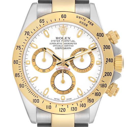 The Rolex Daytona 116523 Men's Steel and Gold (two tone) White Dial 116523 Men's Steel and Gold (two tone) White Dial watch is shown from the front, highlighting its bezel, dial, and subdials.