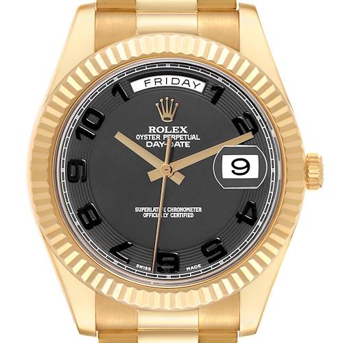 The Rolex President 218238 Men's Yellow Gold Black Dial 218238 Men's Yellow Gold Black Dial model is shown from a front view, highlighting its gold fluted bezel, black dial, and day-date display.