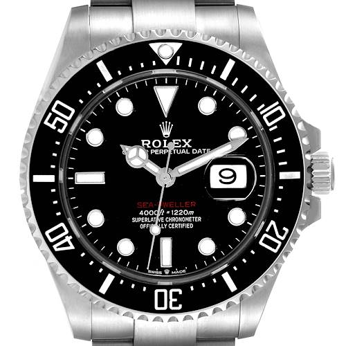 This image shows a front-facing view of the Rolex Sea-Dweller 126600 Men's Stainless Steel Black Dial 126600 Men's Stainless Steel Black Dial watch, highlighting the dial, bezel, and part of the bracelet.
