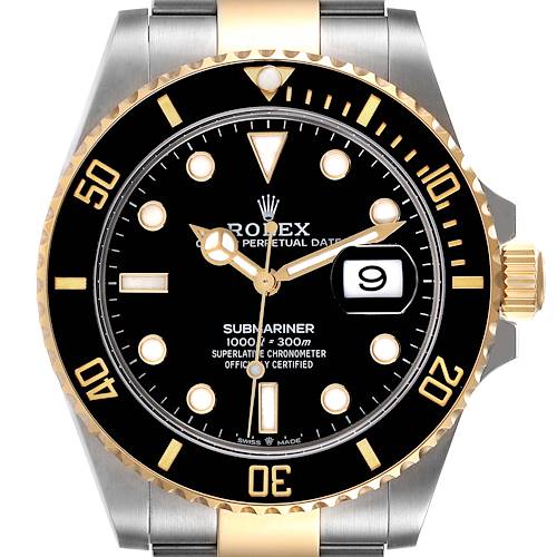 The image displays a front view of a Rolex Submariner watch, showcasing the dial, bezel, and part of the bracelet.