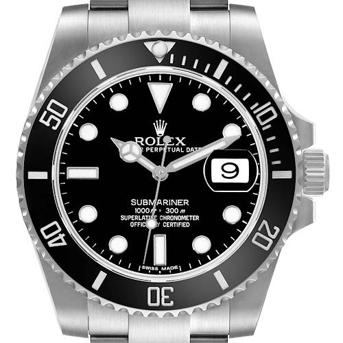 The image shows a front-facing angle of a Rolex Submariner 116610 Men's Stainless Steel Black Dial 116610 Men's Stainless Steel Black Dial watch displaying the dial, bezel, and part of the bracelet.
