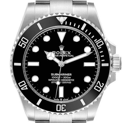 The image shows a front view of a Rolex Submariner 124060 Men's Stainless Steel Black Dial 124060 Men's Stainless Steel Black Dial watch, highlighting the dial, bezel, and part of the bracelet.