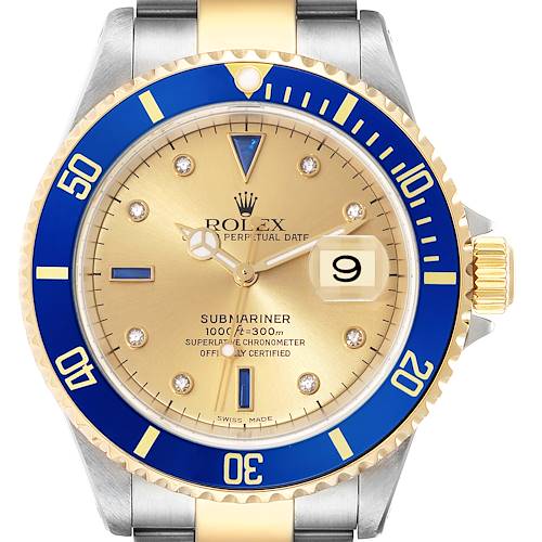 This image shows a front view of the Rolex Submariner 16613 Men's Steel and Gold (two tone) Champagne Dial 16613 Men's Steel and Gold (two tone) Champagne Dial watch, highlighting the gold dial, blue bezel, date window, and stainless steel and gold bracelet.