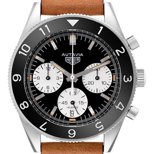 The image shows a frontal view of the Tag Heuer Autavia CBE2110 Men's Stainless Steel Black Dial CBE2110 Men's Stainless Steel Black Dial watch, displaying its black dial, three subdials, and brown leather strap.