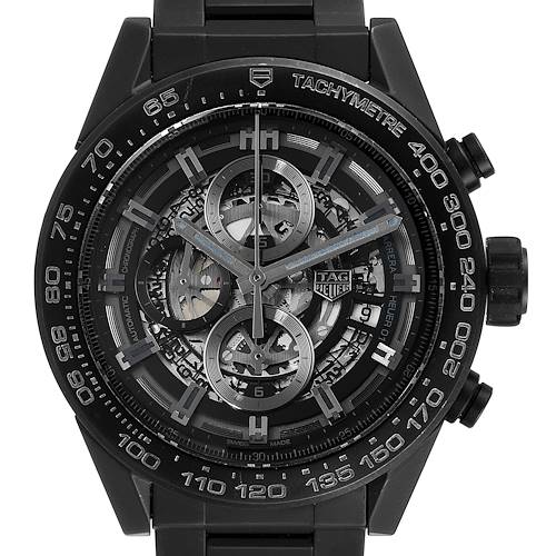 This Tag Heuer Carrera CAR2A91.BH0742 Men's Titanium Black Dial CAR2A91.BH0742 Men's Titanium Black Dial model watch is shown in a frontal angle, displaying the chronograph, tachymeter, and intricate internal mechanisms.