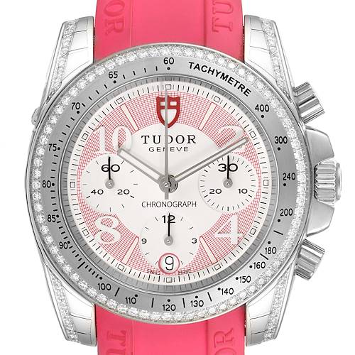 The image shows a front view of the Tudor 20310 Women's Stainless Steel White Dial 20310 Women's Stainless Steel White Dial Grantour Fuchsia Strap Steel Diamond Unisex Watch 20310, highlighting the dial, bezel, and strap.