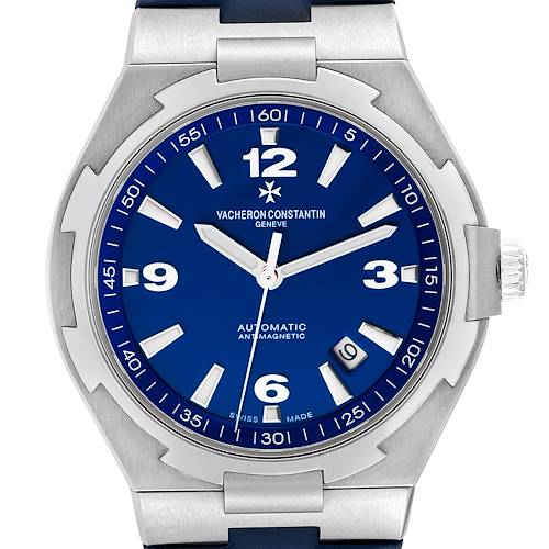 The image shows a front view of the Vacheron Constantin Overseas 47040/000A Men's Stainless Steel Blue Dial 47040/000A Men's Stainless Steel Blue Dial watch, highlighting its blue dial and silver bezel.