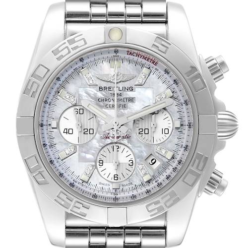 The image shows a top-down view of a Breitling Chronomat AB011012 Men's Stainless Steel Mother of Pearl Dial AB011012 Men's Stainless Steel Mother of Pearl Dial watch, highlighting its face, bezel, pushers, and part of the bracelet.