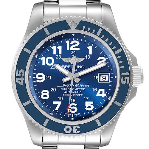 The Breitling Superocean A17391 Men's Stainless Steel Blue Dial A17391 Men's Stainless Steel Blue Dial watch is shown from a top view, displaying the blue dial, bezel, and stainless steel bracelet.