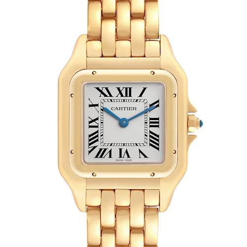 The Cartier Panthere WGPN0009 Women's Yellow Gold Silver Dial WGPN0009 Women's Yellow Gold Silver Dial watch is shown from a front angle, highlighting the face, bezel, and bracelet.