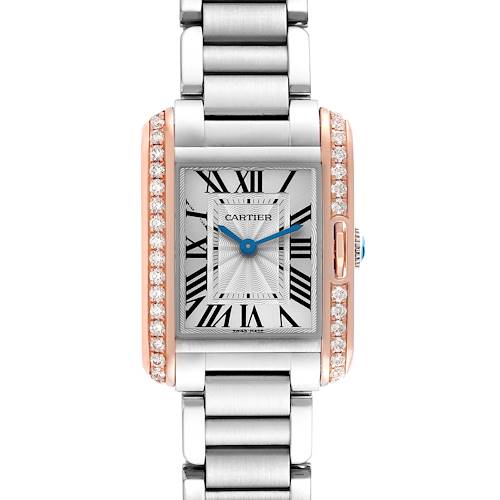 The Cartier Tank Anglaise W3TA0002 Women's Steel and Gold (two tone) Silver Dial W3TA0002 Women's Steel and Gold (two tone) Silver Dial watch is shown from a front view, highlighting its rectangular face, silver bracelet, roman numerals, and diamond accents.
