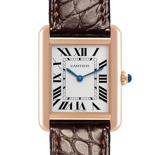 The Cartier Tank Solo W5200024 Women's Steel and Gold (two tone) Silver Dial W5200024 Women's Steel and Gold (two tone) Silver Dial watch is shown from a front angle, highlighting its face, Roman numerals, and leather strap.
