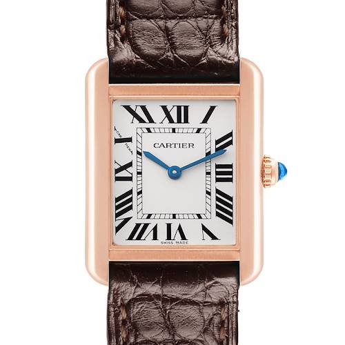 The Cartier Tank Solo W5200002 Women's Steel and Gold (two tone) Silver Dial W5200002 Women's Steel and Gold (two tone) Silver Dial watch is shown head-on, highlighting the dial, Roman numerals, blue hands, and leather strap.