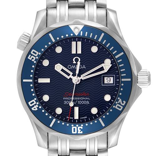 The image shows a front view of the Omega Seamaster 2223.80.00 Men's Stainless Steel Blue Dial 2223.80.00 Men's Stainless Steel Blue Dial watch, highlighting the dial, bezel, and bracelet.