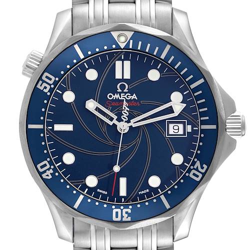 The Omega Seamaster 2226.80.00 Men's Stainless Steel Blue Dial 2226.80.00 Men's Stainless Steel Blue Dial watch is shown from the front, highlighting the blue dial, bezel, and metal bracelet.