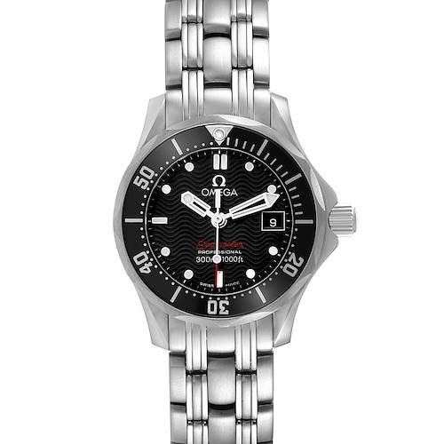 The image shows a frontal view of the Omega 212.30.28.61.01.001 Women's Stainless Steel Black Dial 212.30.28.61.01.001 Women's Stainless Steel Black Dial Seamaster Diver 300M 28 Quartz Ladies Watch, highlighting the dial, bezel, and bracelet.